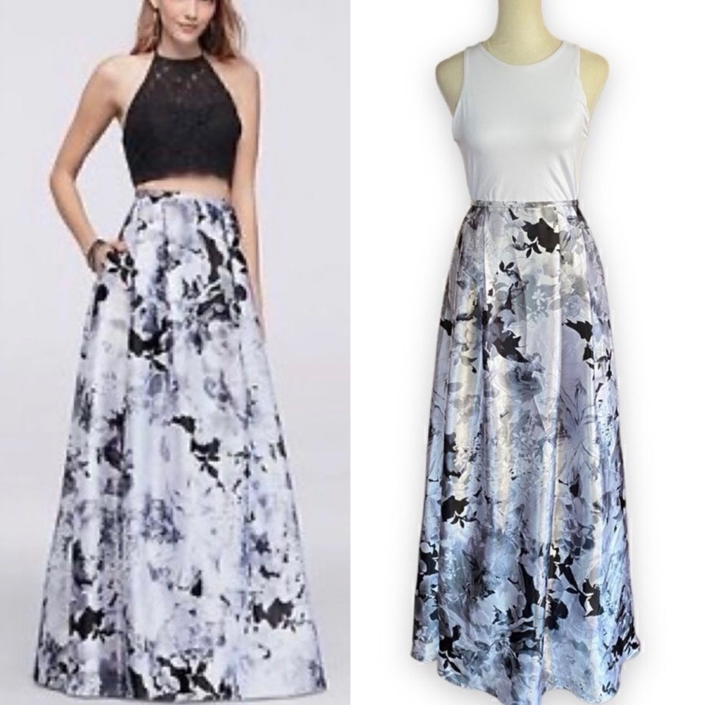 BLONDIE Nites Gray and Black Floral Satin Maxi Ball Skirt
